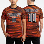 Custom Orange Black-White Line Sublimation Soccer Uniform Jersey worn front and back