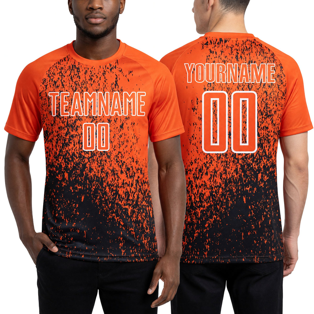 Custom Orange Black-White Abstract Fragment Art Sublimation Soccer Uniform Jersey worn front and back