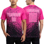 Custom Pink Black-White Abstract Fragment Art Sublimation Soccer Uniform Jersey worn front and back
