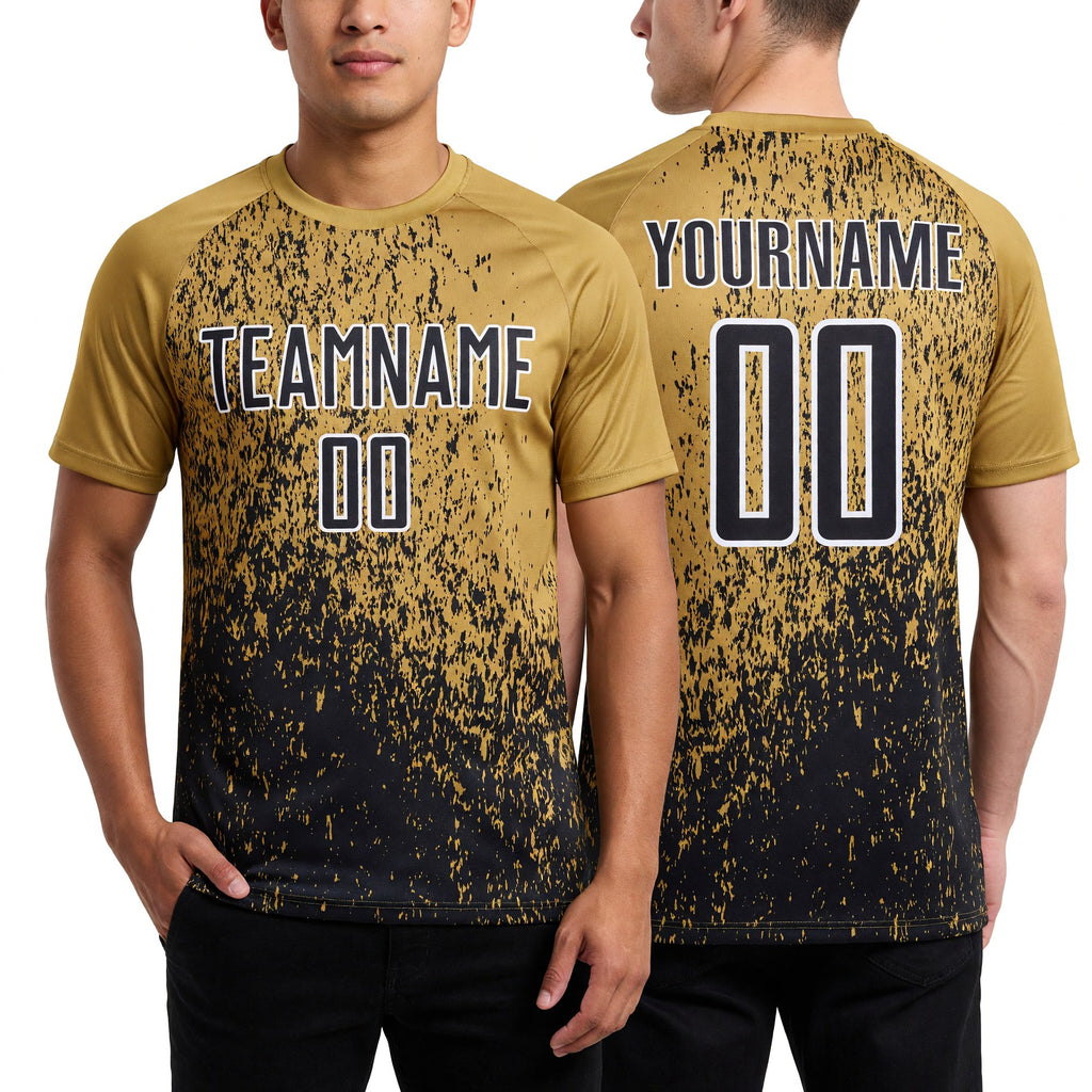 Custom Old Gold Black-White Abstract Fragment Art Sublimation Soccer Uniform Jersey worn front and back
