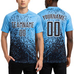 Custom Light Blue Black-White Abstract Fragment Art Sublimation Soccer Uniform Jersey worn front and back