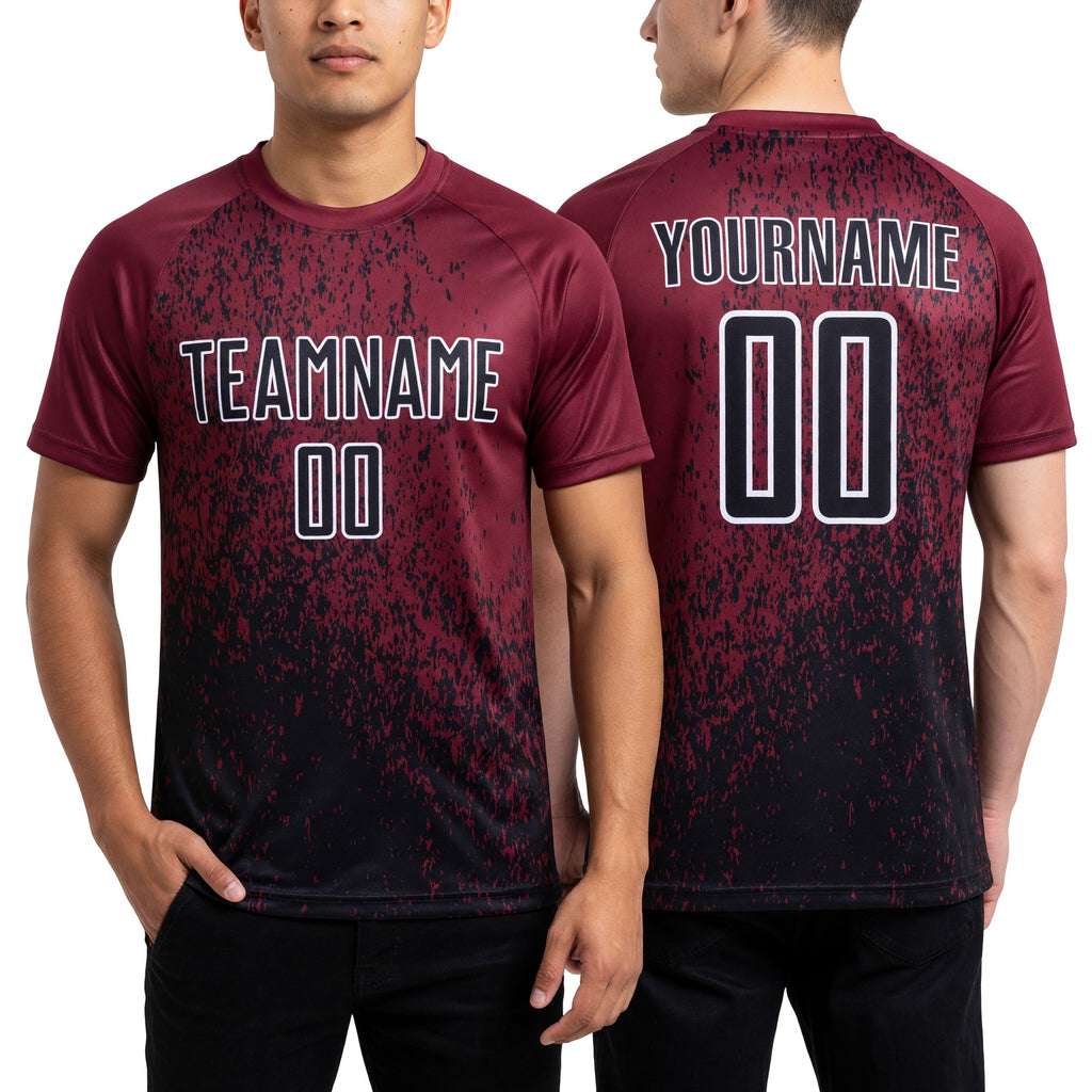 Custom Crimson Black-White Abstract Fragment Art Sublimation Soccer Uniform Jersey worn front and back