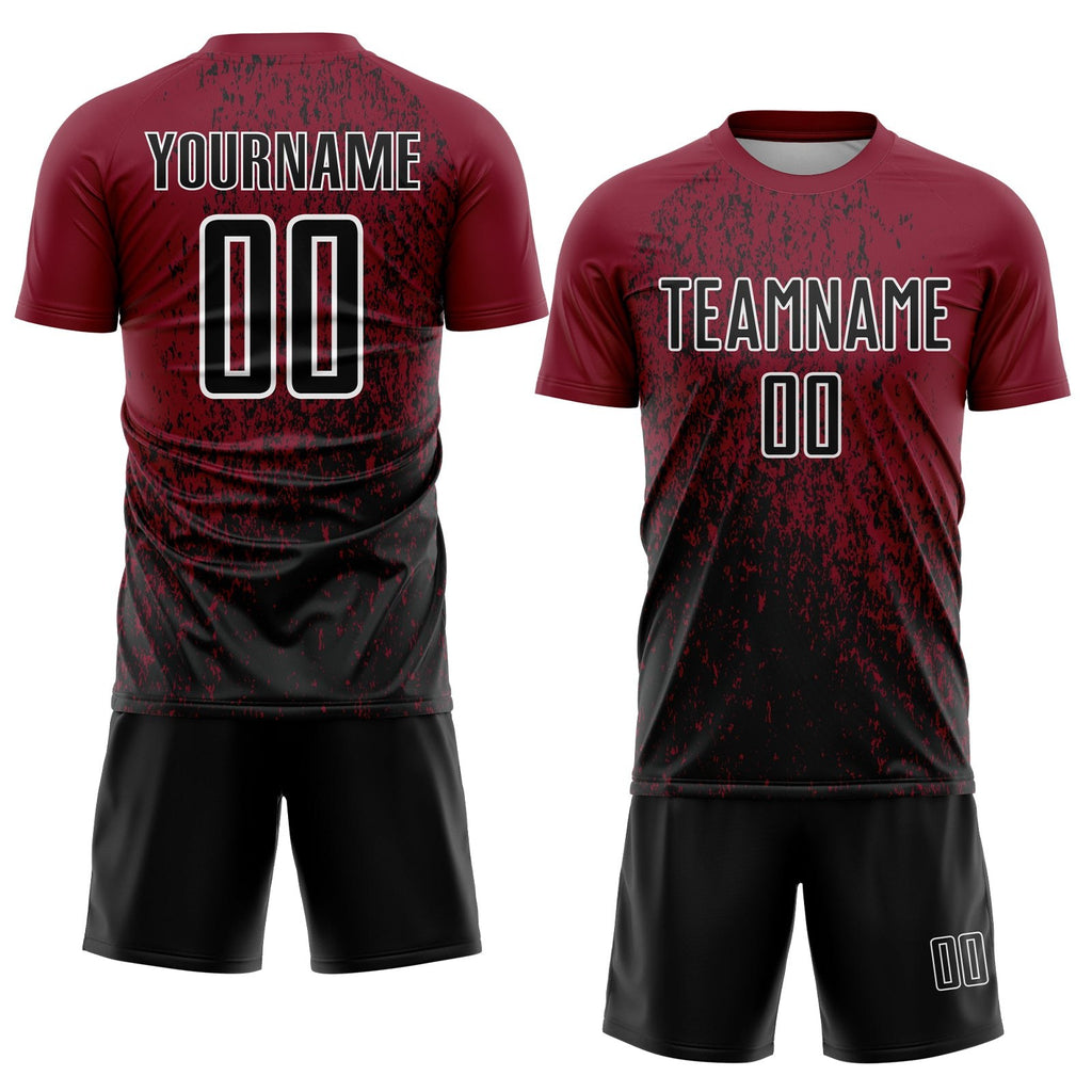 Custom Crimson Black-White Abstract Fragment Art Sublimation Soccer Uniform Jersey photo 2
