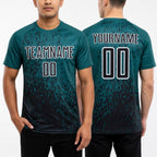Custom Teal Black-White Abstract Fragment Art Sublimation Soccer Uniform Jersey worn front and back