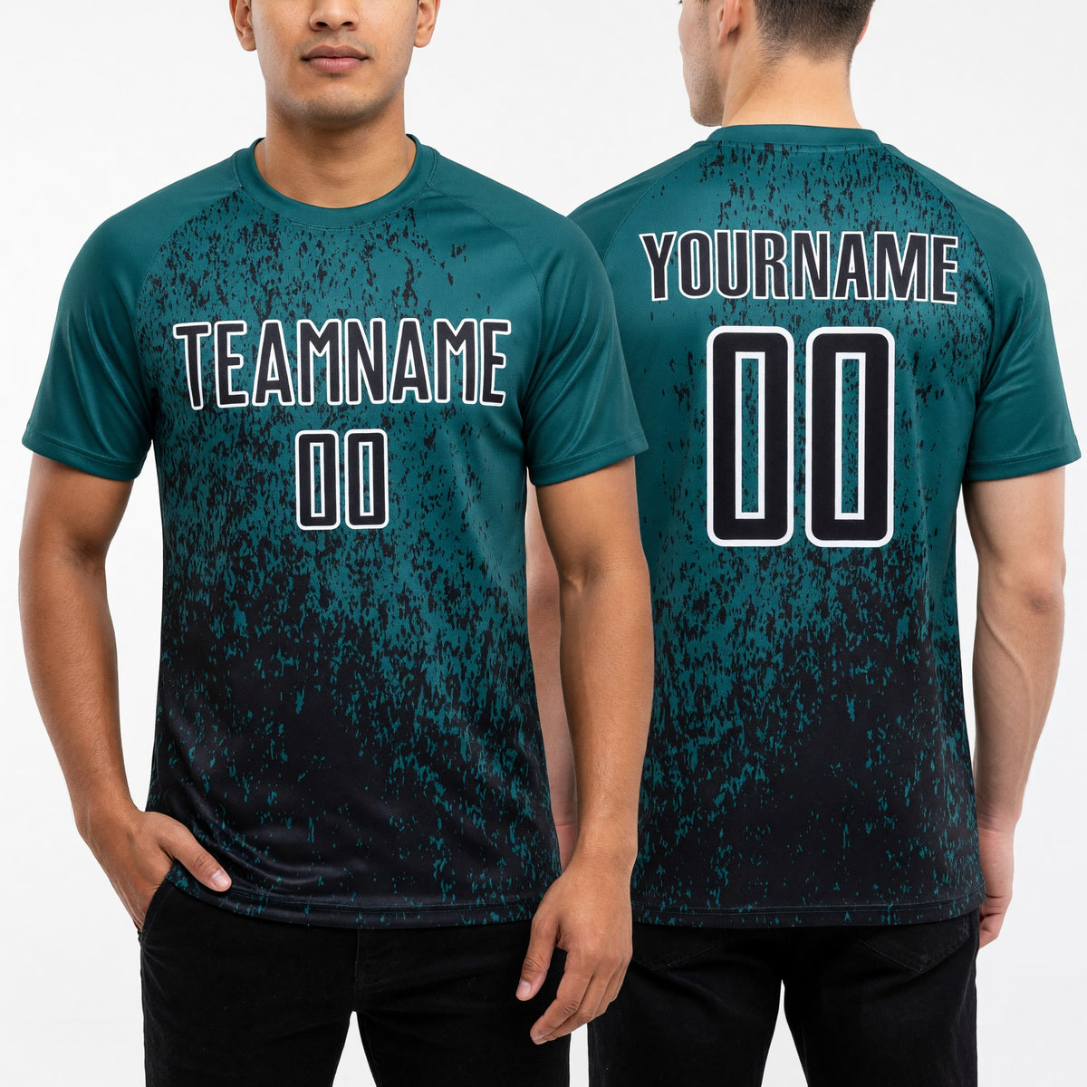 Custom Teal Black-White Abstract Fragment Art Sublimation Soccer Uniform Jersey worn front and back