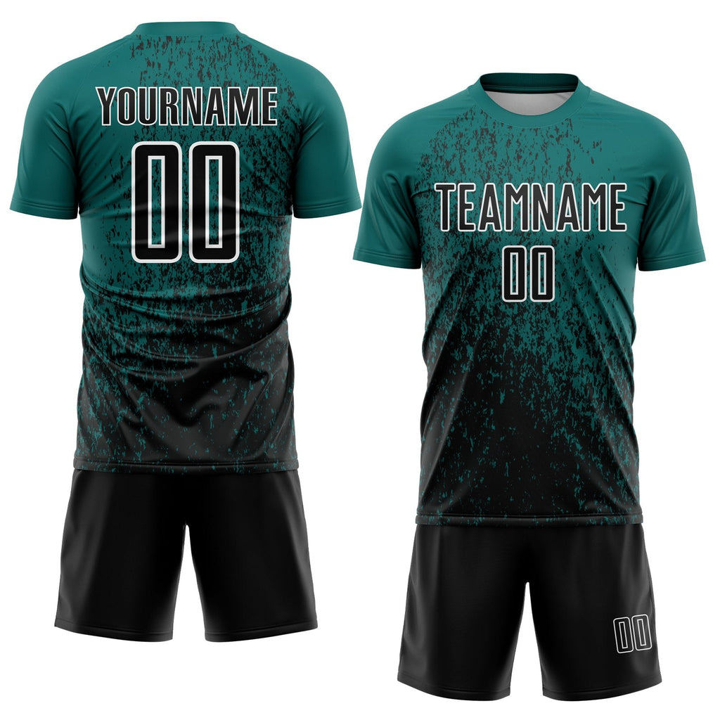 Custom Teal Black-White Abstract Fragment Art Sublimation Soccer Uniform Jersey photo 2