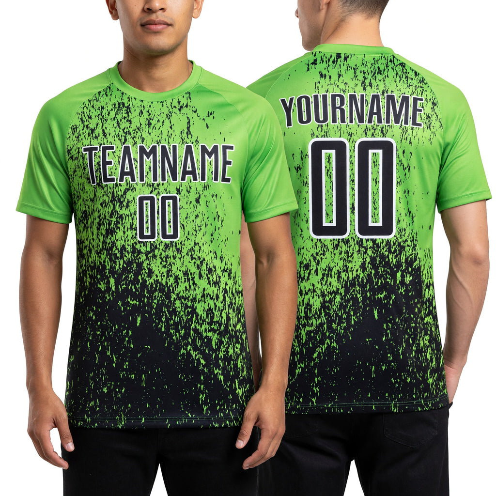 Custom Neon Green Black-White Abstract Fragment Art Sublimation Soccer Uniform Jersey worn front and back