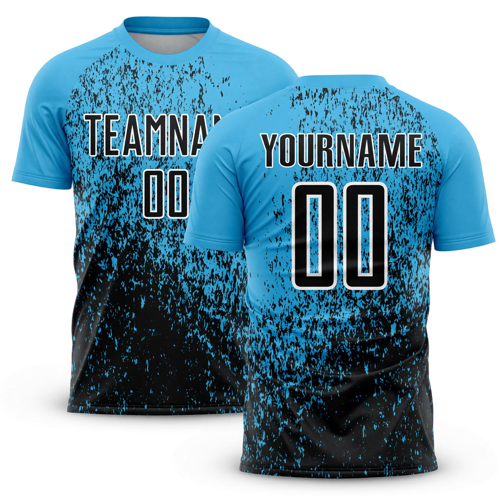 Custom Sky Blue Black-White Abstract Fragment Art Sublimation Soccer Uniform Jersey