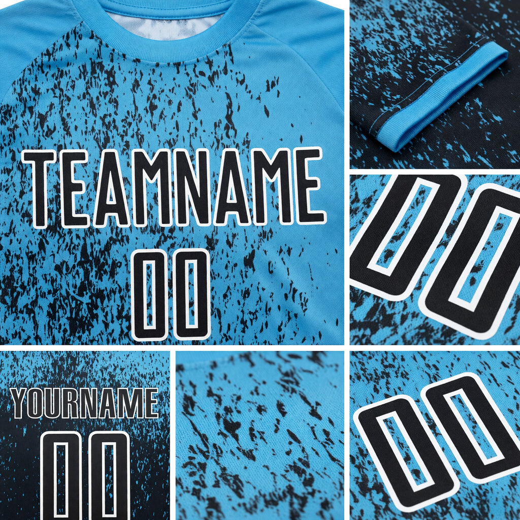 Custom Sky Blue Black-White Abstract Fragment Art Sublimation Soccer Uniform Jersey detail