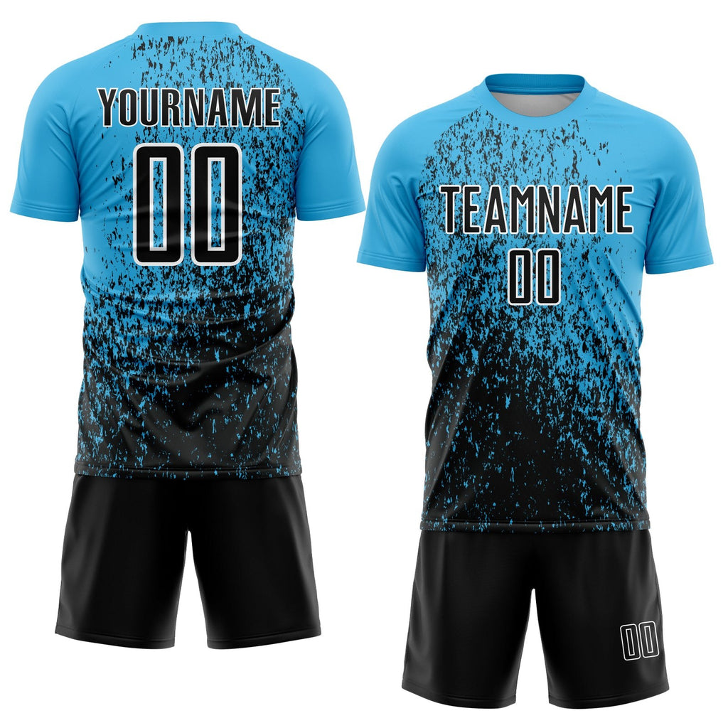 Custom Sky Blue Black-White Abstract Fragment Art Sublimation Soccer Uniform Jersey photo 2