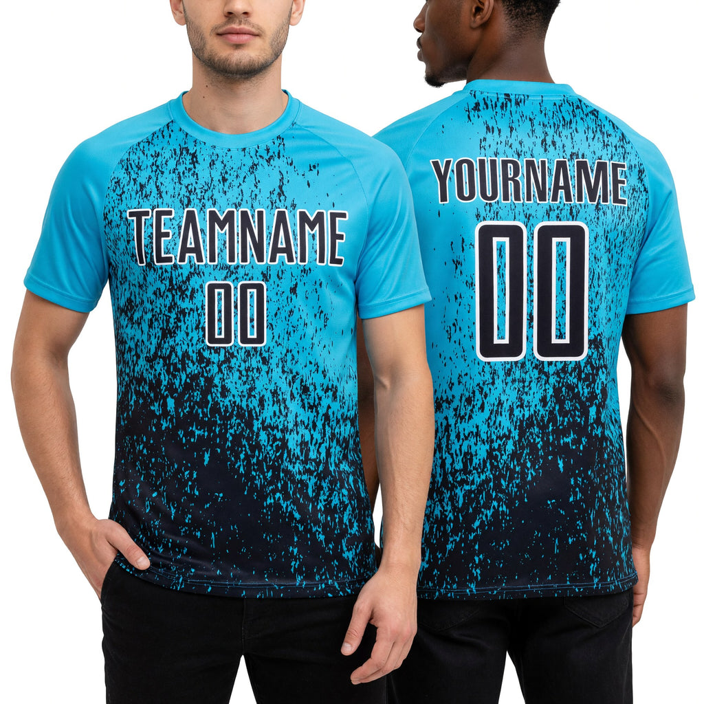 Custom Lakes Blue Black-White Abstract Fragment Art Sublimation Soccer Uniform Jersey worn front and back