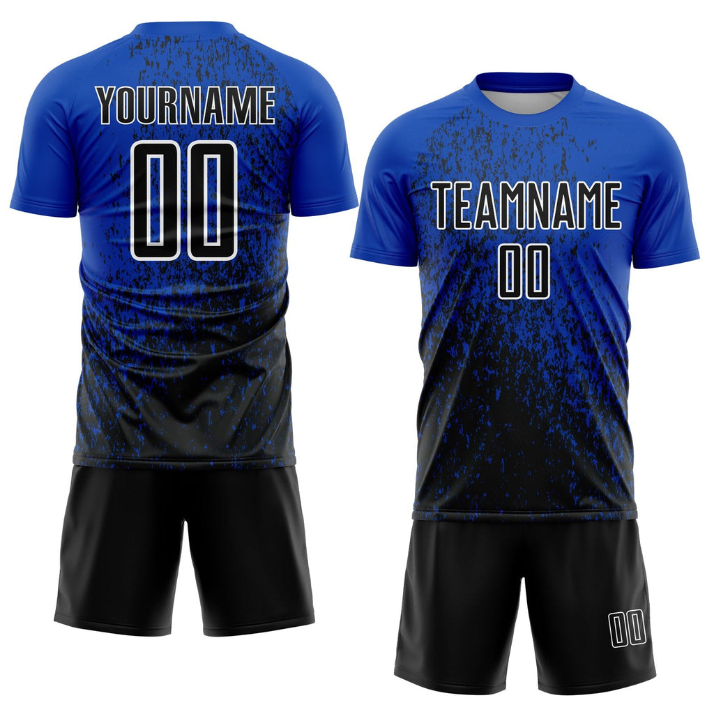 Custom Thunder Blue Black-White Abstract Fragment Art Sublimation Soccer Uniform Jersey photo 2