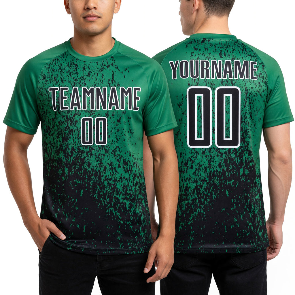 Custom Grass Green Black-White Abstract Fragment Art Sublimation Soccer Uniform Jersey worn front and back
