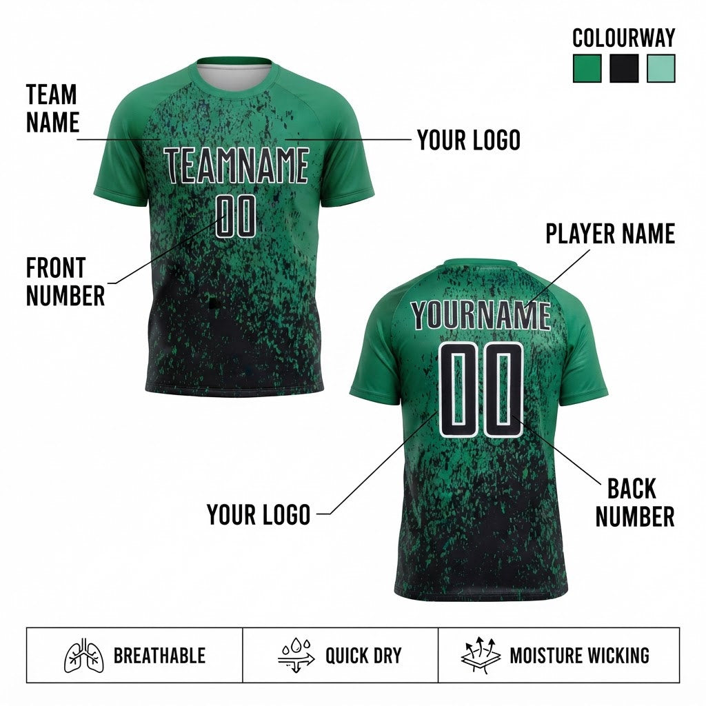 Custom Grass Green Abstract Fragment Art Sublimated Soccer Jersey with Black and White Lettering customization guide