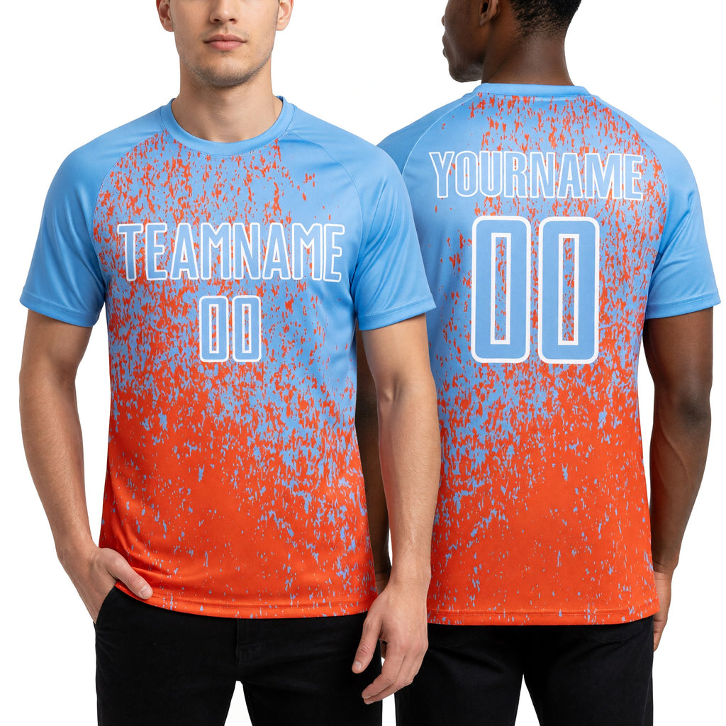 Custom Light Blue Orange-White Abstract Fragment Art Sublimation Soccer Uniform Jersey worn front and back
