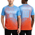 Custom Light Blue Orange-White Abstract Fragment Art Sublimation Soccer Uniform Jersey worn front and back