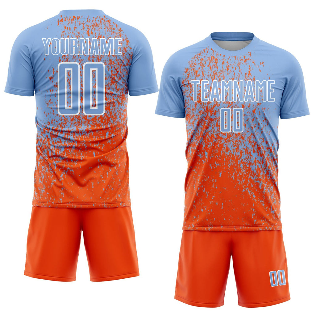 Custom Light Blue Orange-White Abstract Fragment Art Sublimation Soccer Uniform Jersey photo 2