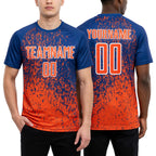 Custom Royal Orange-White Abstract Fragment Art Sublimation Soccer Uniform Jersey worn front and back
