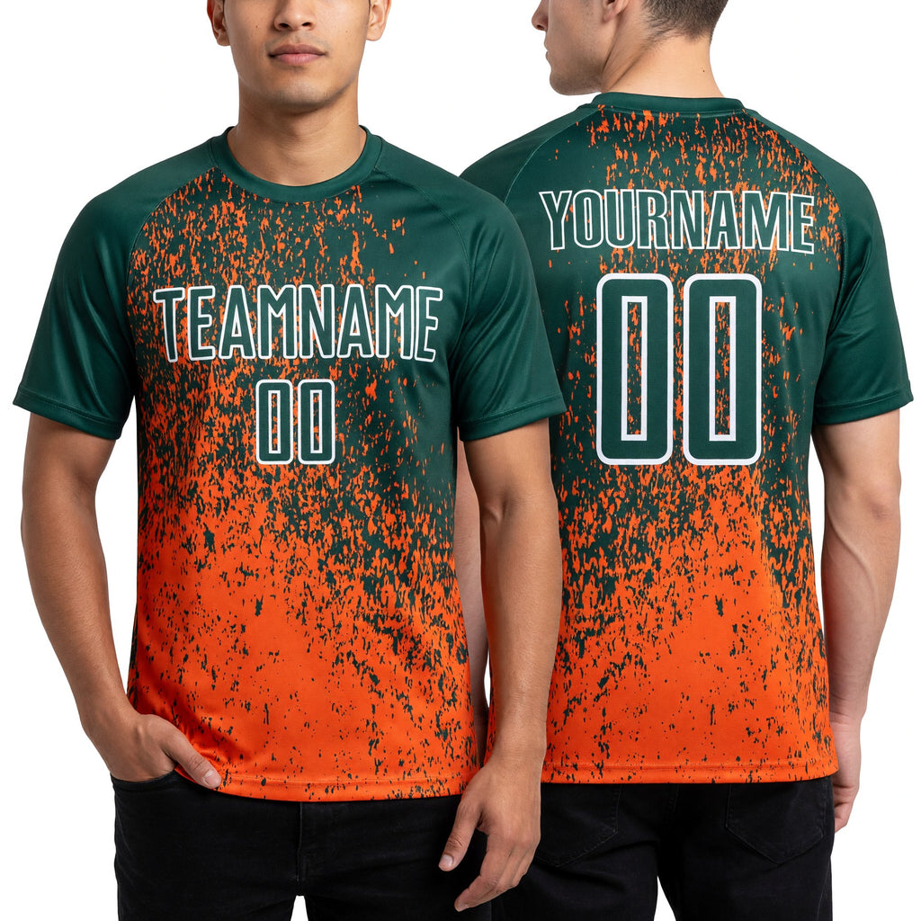 Custom Green Orange-White Abstract Fragment Art Sublimation Soccer Uniform Jersey worn front and back