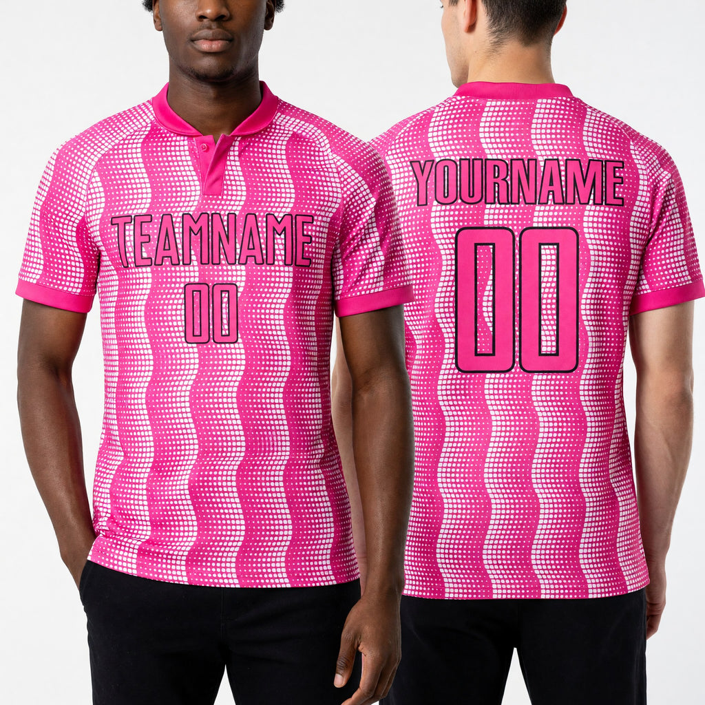 Custom Pink Black-White Geometric Shape Sublimation Soccer Uniform Jersey worn front and back