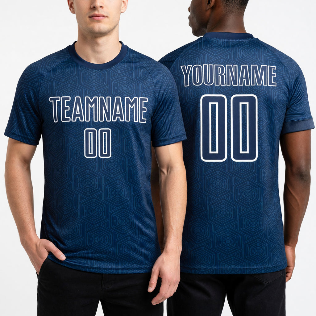 Custom Navy White Geometric Shape Sublimation Soccer Uniform Jersey worn front and back