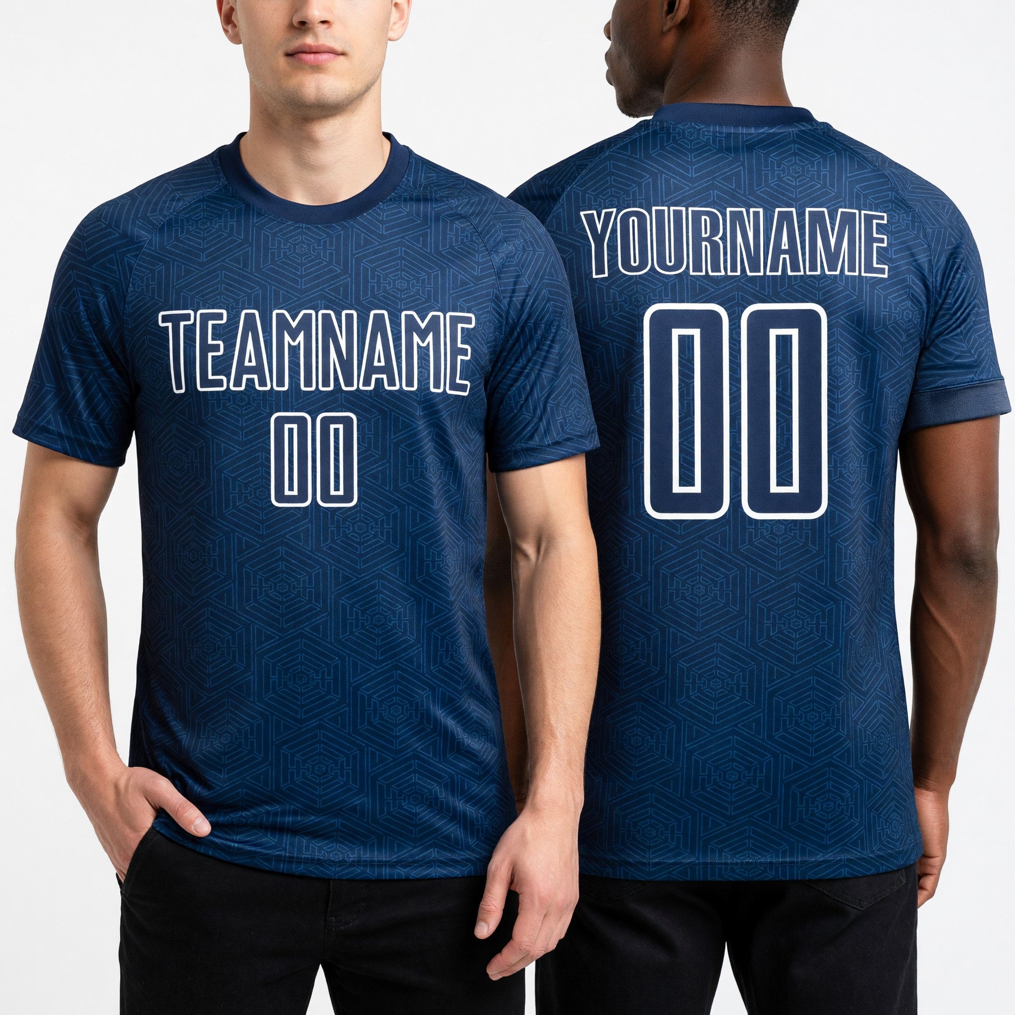 Custom Navy White Geometric Shape Sublimation Soccer Uniform Jersey worn front and back
