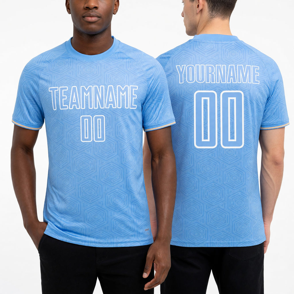 Custom Light Blue White Geometric Shape Sublimation Soccer Uniform Jersey worn front and back