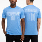 Custom Light Blue White Geometric Shape Sublimation Soccer Uniform Jersey worn front and back