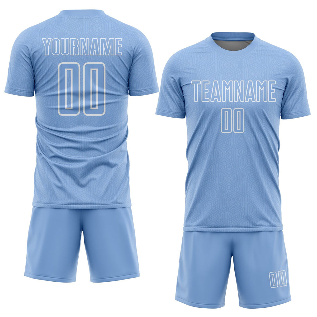 Custom Light Blue White Geometric Shape Sublimation Soccer Uniform Jersey photo 2