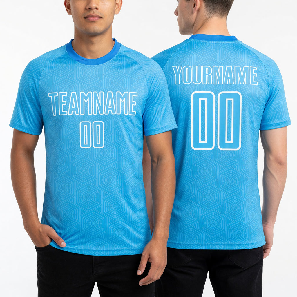 Custom Sky Blue White Geometric Shape Sublimation Soccer Uniform Jersey worn front and back