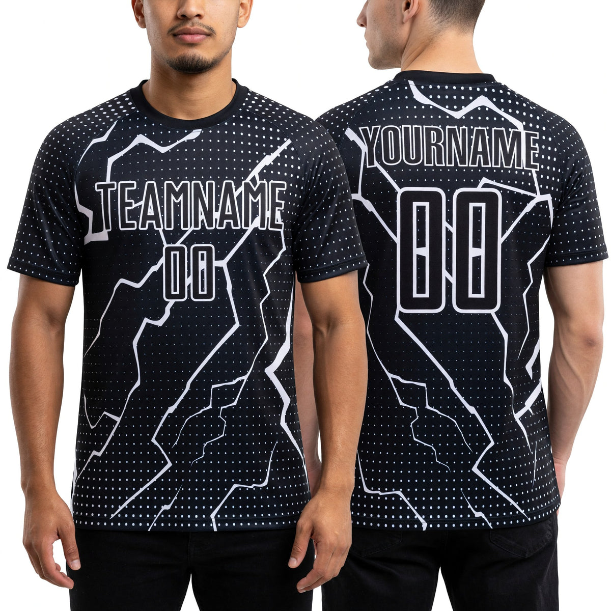 Custom Black White Lightning Sublimation Soccer Uniform Jersey worn front and back