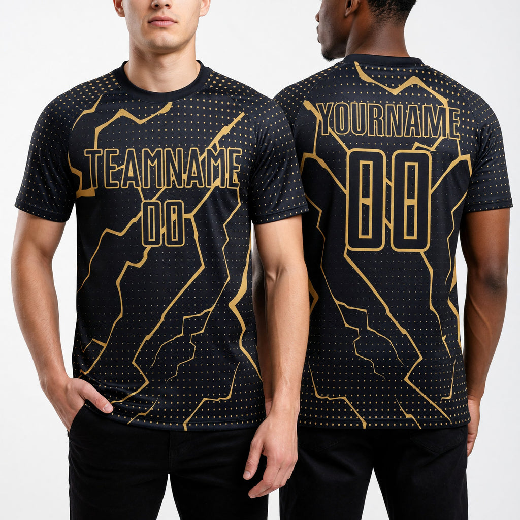 Custom Black Old Gold Lightning Sublimation Soccer Uniform Jersey worn front and back