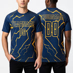 Custom Navy Yellow Lightning Sublimation Soccer Uniform Jersey worn front and back