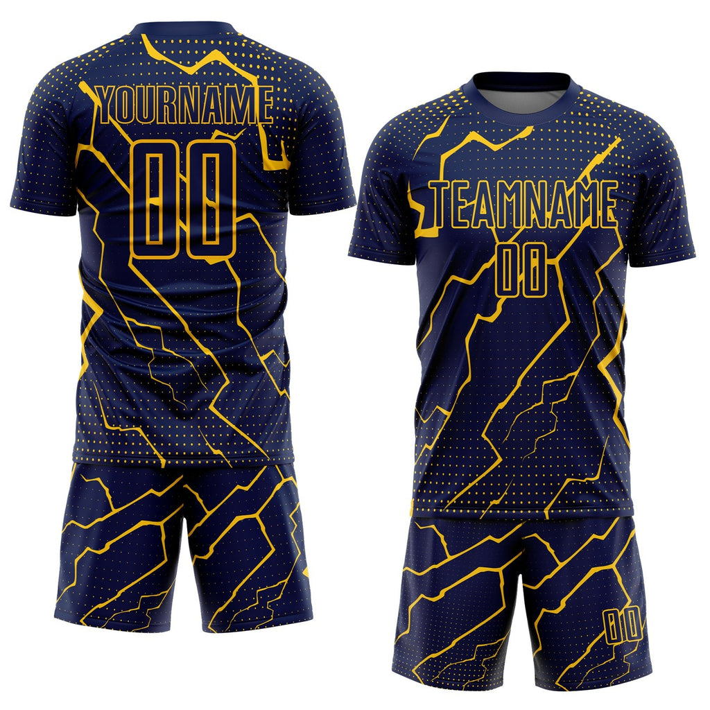 Custom Navy Yellow Lightning Sublimation Soccer Uniform Jersey photo 2