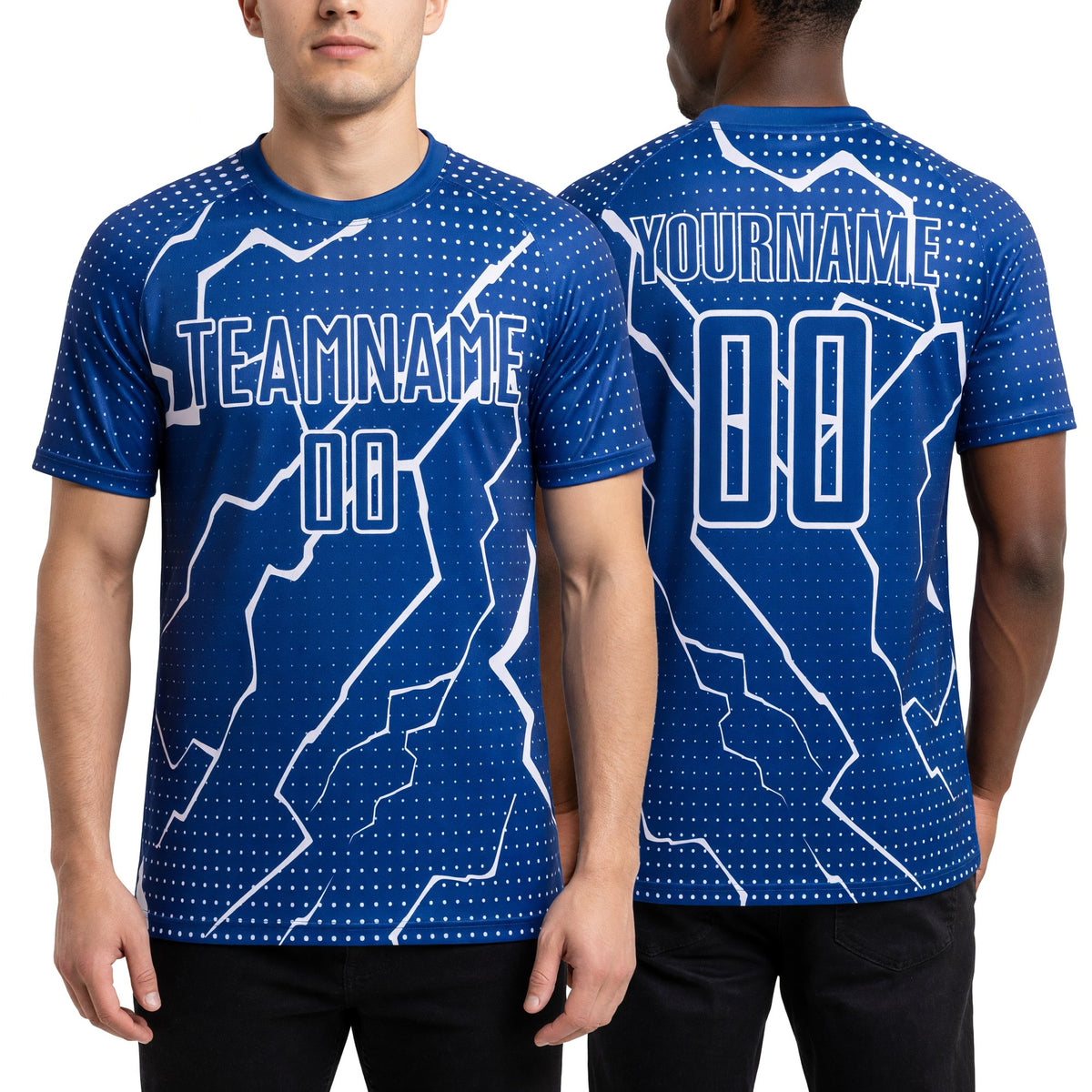 Custom Royal White Lightning Sublimation Soccer Uniform Jersey worn front and back
