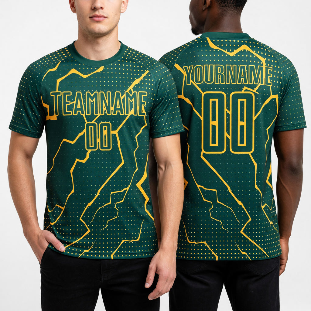 Custom Green Gold Lightning Sublimation Soccer Uniform Jersey worn front and back