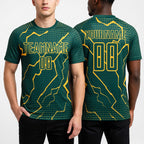 Custom Green Gold Lightning Sublimation Soccer Uniform Jersey worn front and back
