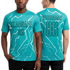 Custom Aqua Black-White Lightning Sublimation Soccer Uniform Jersey worn front and back