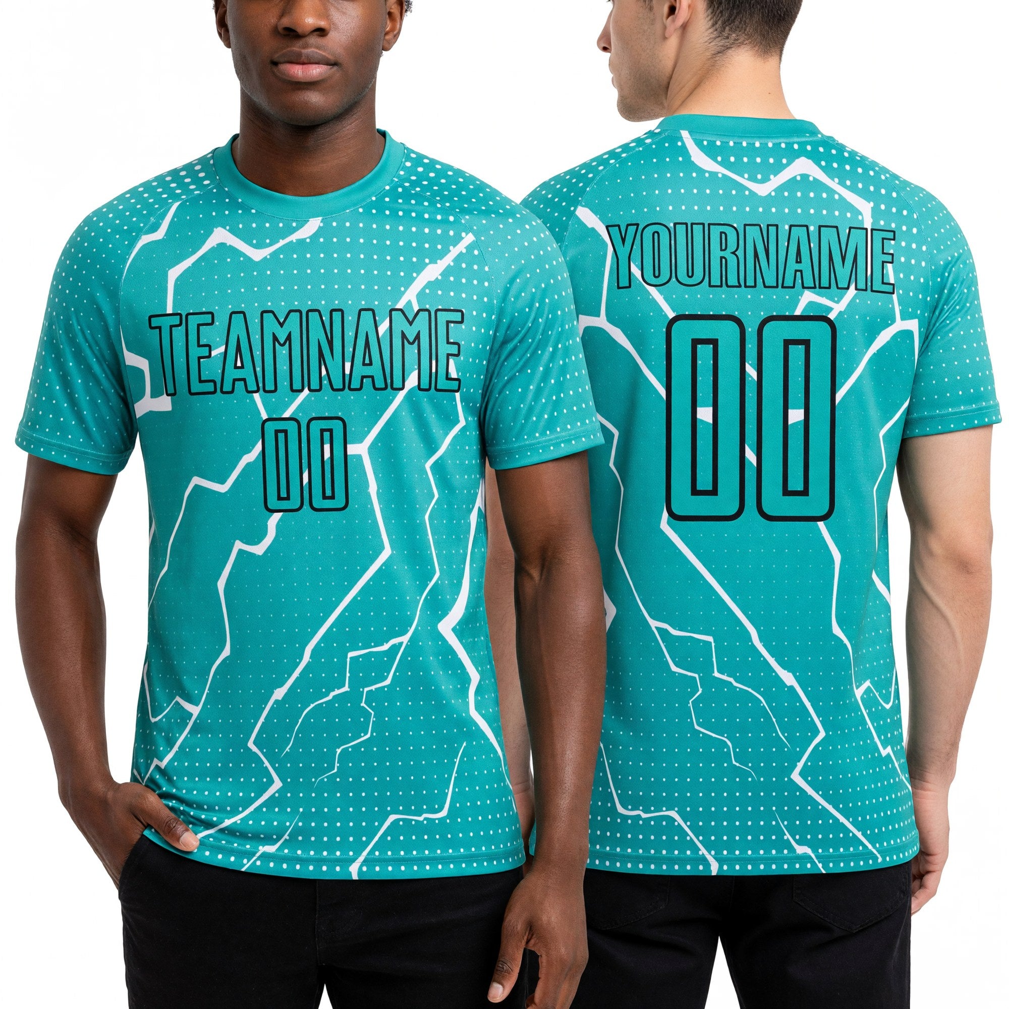 Custom Aqua Black-White Lightning Sublimation Soccer Uniform Jersey worn front and back