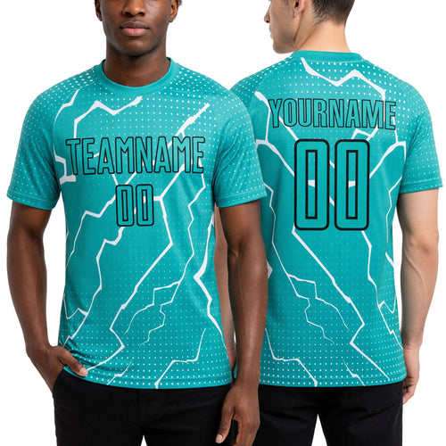 Custom Aqua Black-White Lightning Sublimation Soccer Uniform Jersey worn front and back