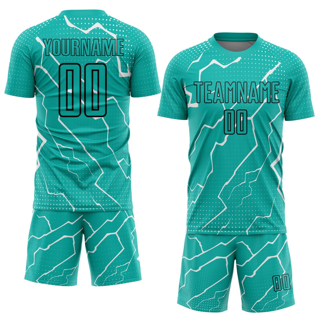 Custom Aqua Black-White Lightning Sublimation Soccer Uniform Jersey photo 2