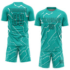 Custom Aqua Black-White Lightning Sublimation Soccer Uniform Jersey photo 2