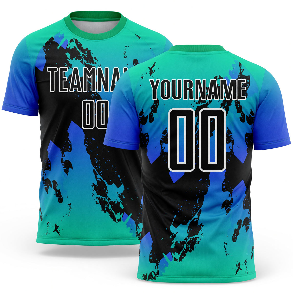 Custom Aqua Black-Thunder Blue Splash Sublimation Soccer Uniform Jersey