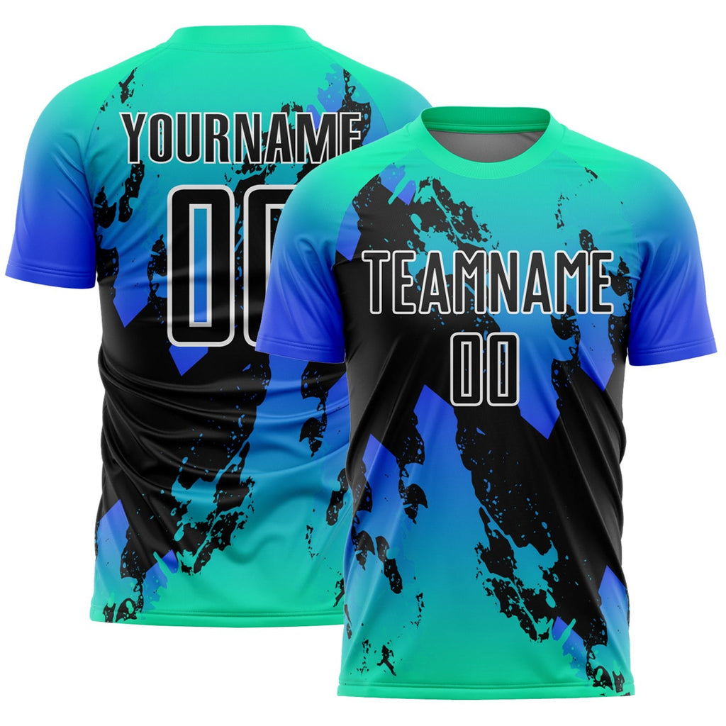 Custom Aqua Black-Thunder Blue Splash Sublimation Soccer Uniform Jersey photo 1
