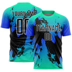 Custom Aqua Black-Thunder Blue Splash Sublimation Soccer Uniform Jersey photo 1