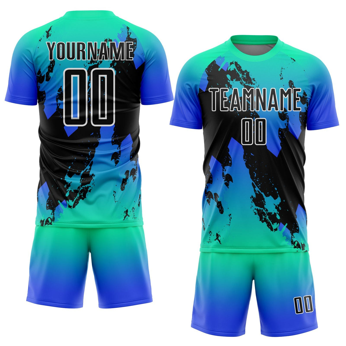 Custom Aqua Black-Thunder Blue Splash Sublimation Soccer Uniform Jersey photo 2