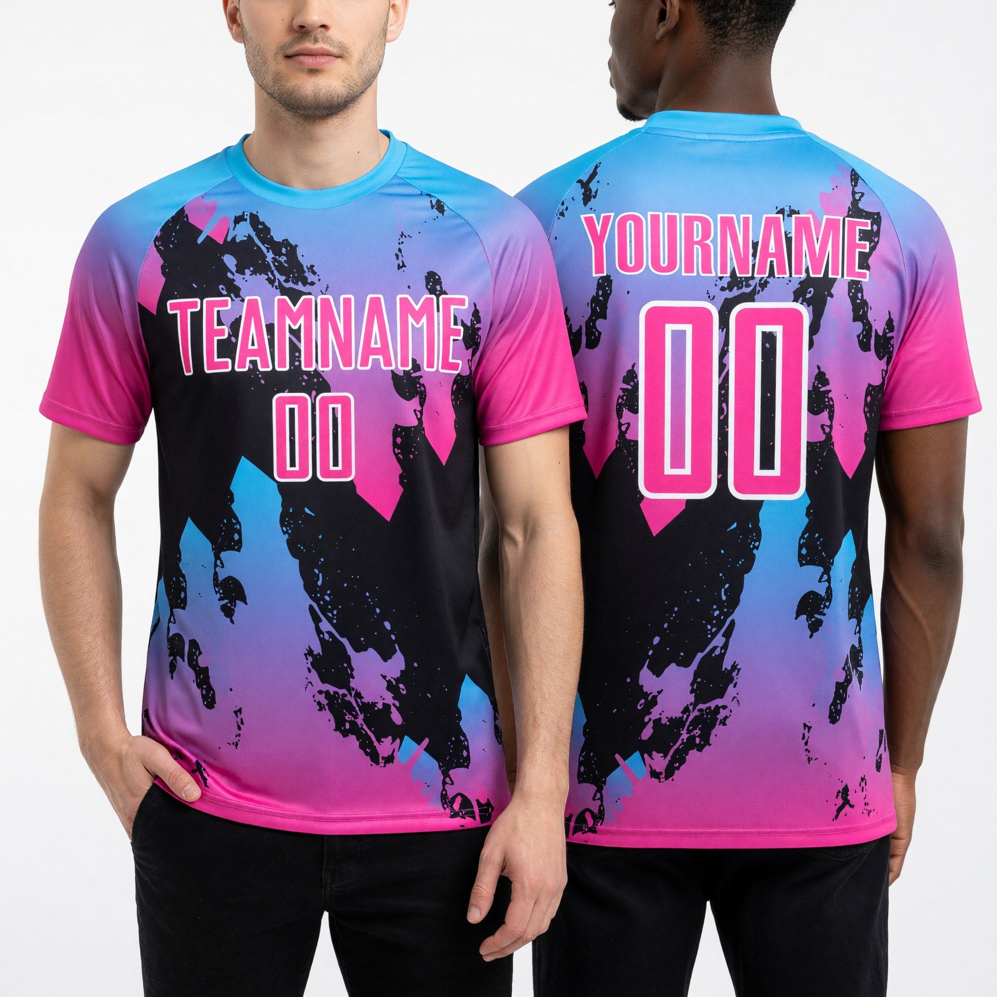 Custom Pink Sky Blue-Black Splash Sublimation Soccer Uniform Jersey worn front and back