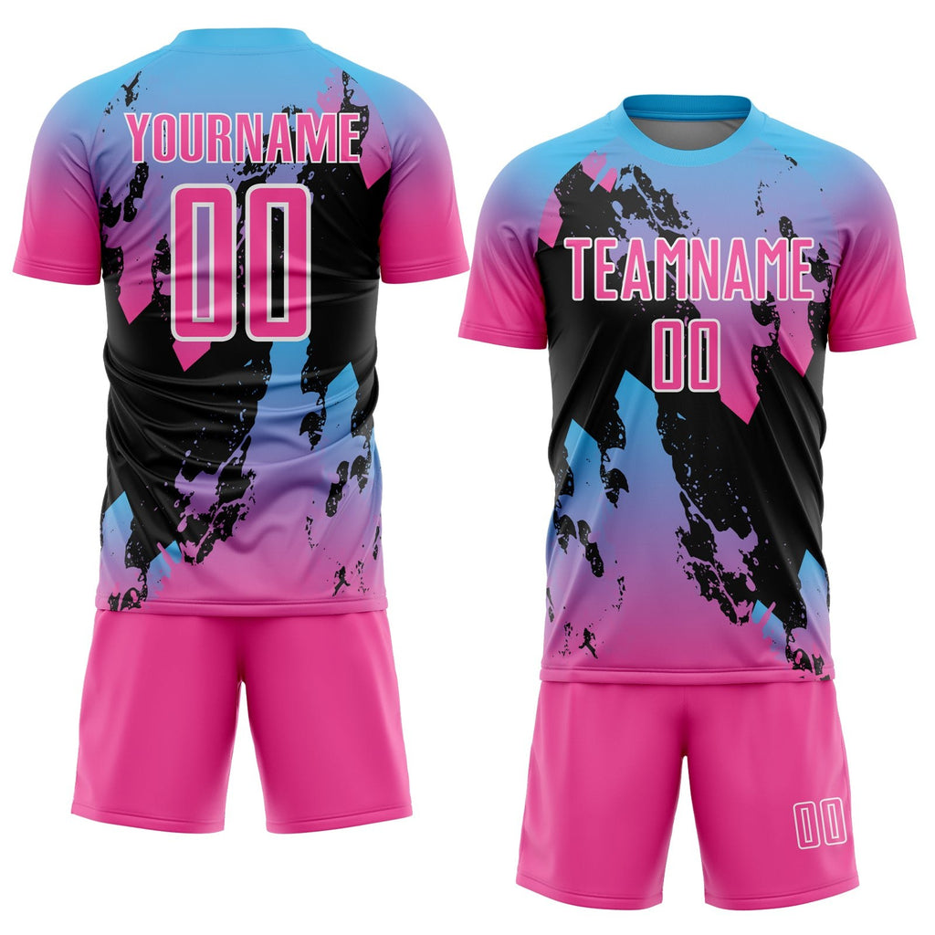 Custom Pink Sky Blue-Black Splash Sublimation Soccer Uniform Jersey photo 2