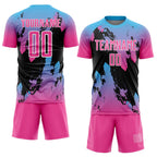 Custom Pink Sky Blue-Black Splash Sublimation Soccer Uniform Jersey photo 2