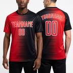 Custom Black Red-White Gradient Line Sublimation Soccer Uniform Jersey worn front and back